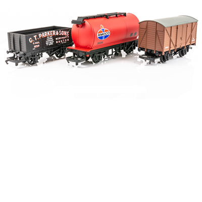 RAILROAD Triple Wagon pack, Mixed wagons w/Box Van - Era 3