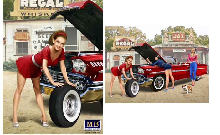 1/24 1950-60's Pin Up Girl wearing Mini-Skirt Leaning On Tire