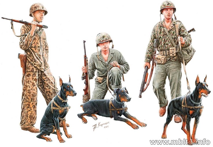 1/35 WWII Dogs in USMC Service (3 w/3 Figures)